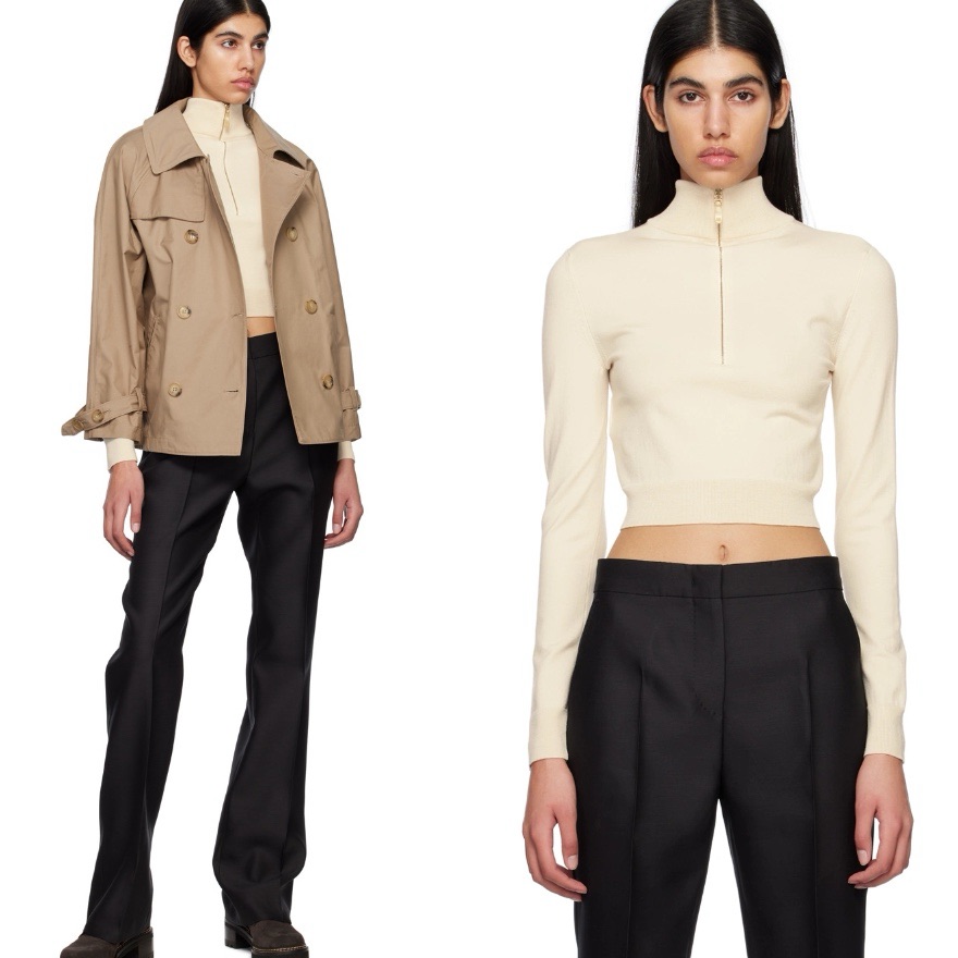 Maxmara Half Zip Virgin Wool Mock Turtleneck Crop Beige Sweater Pullover Top